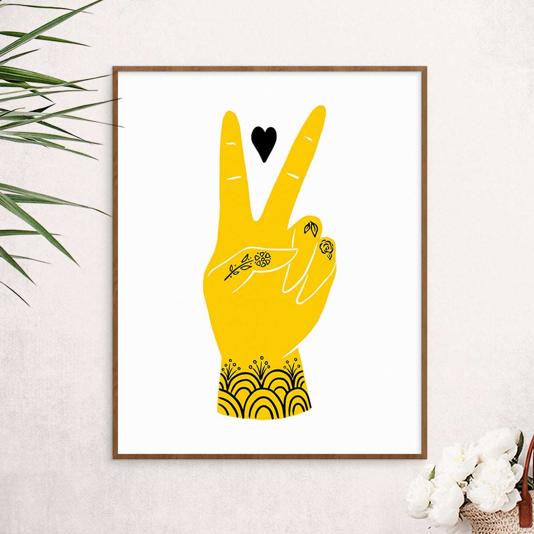 Peace and Love Art Print in Yellow