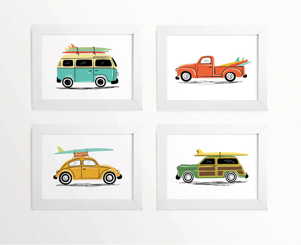 Vintage Surf Cars Art Prints Set of 4