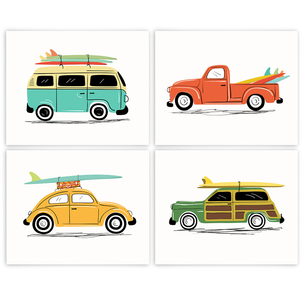 Vintage Surf Cars Art Prints Set of 4