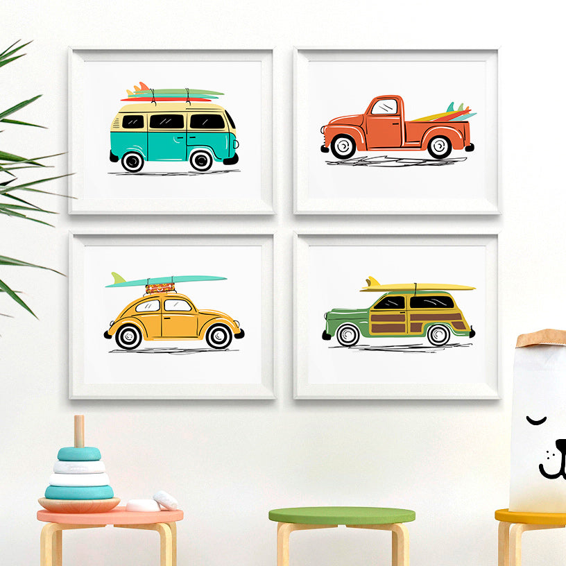 Vintage Surf Cars Art Prints Set of 4